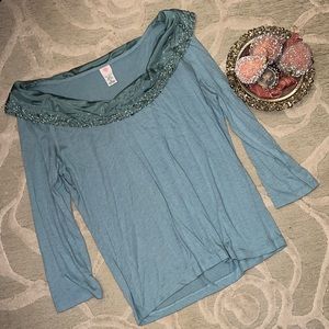 NWOT🌷ANTHROPOLOGIE HEARTS🌷Slate blue satin beaded boatneck long sleeve top